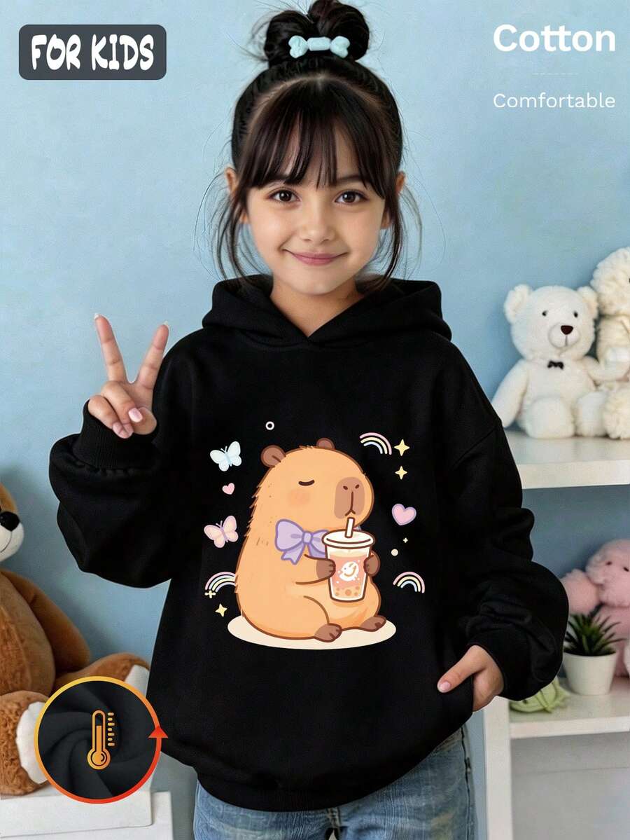 Autumn Girls Hoodie With Cute Capybara Print, Butterfly Rainbow Heart Decor, Long Sleeve Pullover - Black - View 1
