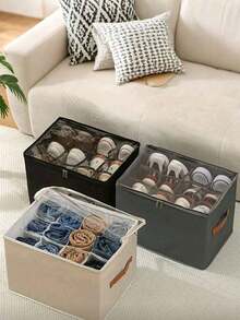 Foldable Fabric Shoe Storage Box, Holds 12-16 Pairs Of Shoes, With Lid Moisture-Proof Divided Shoe Box, Dust-Proof Shoe Storage Box, Can Store Shoes, Clothes And Accessories, Large Capacity Fabric Shoe Box With Lid, Adjustable Dividers Shoe Box, Suitable For Closet Use, Dust-Proof, Moisture-Proof, Washable, Multi-Functional All-In-One Shoe Box, Transparent Lid, Suitable For Home, School And Dormitory Closet Use, Rectangular, Flip-Top Design, Durable Oxford Fabric Material, Shoe Storage Organizer Box - Multicolor - View 12