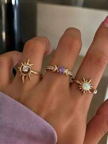 3pcs Fashion Ins Sun & Moon Rhinestone Gemstone Ring Set, Gift For Valentine's Day, Mother's Day, Birthday - Sun and Moon - View 1