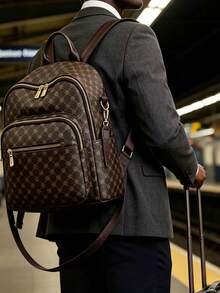 Men's Vintage Geometric Print Backpack Large Capacity Travel Daypack Anti-Theft Lock Design Casual Business Shoulder Bag With Side Pockets - Coffee - View 5