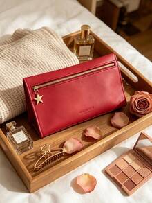 Portable Slim Red Travel Makeup Pouch Gold Zipper With Star Pendant Embossed Logo Toiletry Storage Cosmetic Case For Personal Use Or As A Gift - Givenchy Cosmetic Bag - Red - View 3