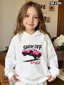 Girl's Pink Car Printed Hooded Sweatshirt, Comfortable And Breathable Long Sleeved Top, Suitable For Daily Use In Spring And Autumn - White - View 2