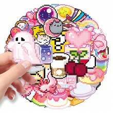 50pcs Cute Pixel Cartoon Stickers Sticker Designs Of Cartoon Pink Girls | Luggage, Guitar, Skateboard, Water Cup, Computer Desktop - High-Gloss Vinyl, Self-Adhesive, Disposable - Multicolor - View 7