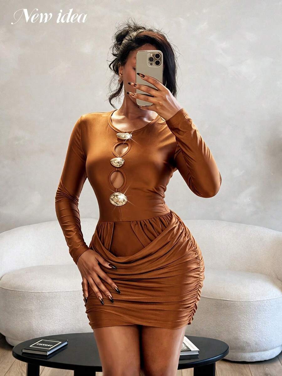NEW IDEA Women Sexy Elegant Brown Fall Winter Long Sleeve Short Dress, Ruched Bodycon Dress For Night Out, Party, Going Out, Low‑Key Luxe Gathering - Brown - View 1