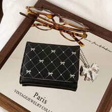 Kawaii Bow Charm Trifold Wallet, Diamond Grid Print Small Card Purse - Multicolor - View 10