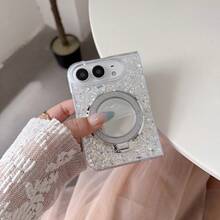 Ốp lưng điện thoại thời trang gương gập phong cách tối giản, ốp lưng gương nam châm lấp lánh có giá đỡ, tương thích với iPhone Ultra, mặt lưng mềm chống rơi, ngọt ngào dễ thương, thanh lịch và thời thượng - Bạc - Xem 2