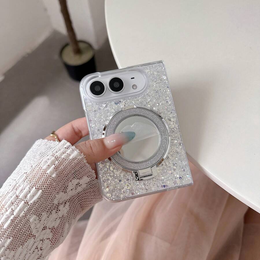 Casing Ponsel Lipat Cermin Minimalis Fashion, Casing Ponsel Dudukan Cermin Magnetik Glitter, Cocok Kompatibel dengan iPhone Duo, Penutup Belakang Soft Shell Anti-Jatuh Manis Lucu, Desain Elegan - Perak - View 1