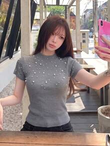 韓式水鑽珠飾設計針織上衣 女款夏季修身顯瘦短袖襯衫 - 灰色 - 查看 4