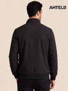 AHTELB Men's Spring/Autumn Stand Collar Jacket, Solid Color Minimalist Zipper Jacket, Basic Daily Sports Black Jacket - Black - View 2