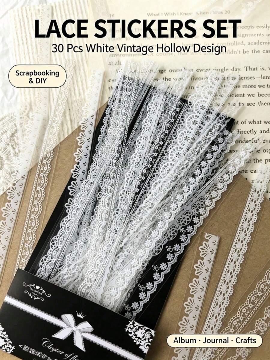 30PCS Vintage Lace Stickers Set, High Aesthetic, Hollow Design, Semi-Transparent Material, Suitable For Scrapbooking, Photo Album Decoration, Handmade Crafts, Holiday Material Production, Halloween & Christmas Theme Decoration, Page Embellishment - Multicolor - View 1