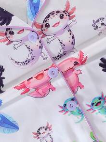 2pcs Colorful Cartoon Hexagon Dinosaur Print Lapel Long Pants Pajamas, Flame Retardant Fabric, All Season Wear, Girls, Toddlers, Big Tween Girl, Teens - Multicolor - View 7