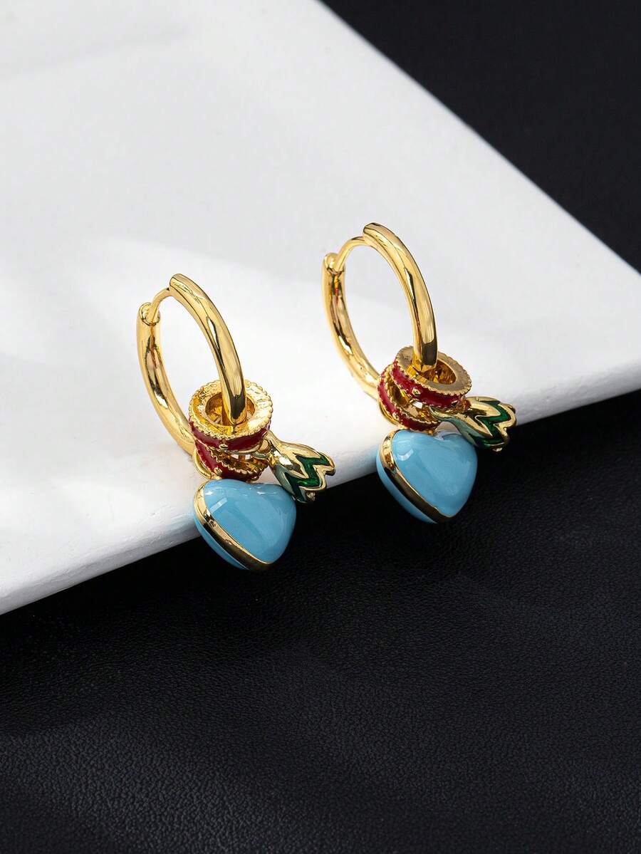1 Pair Elegant Heart-Shaped Earrings With Detachable Ear Clips, Gentle Elegant, Suitable For Women's Banquet, Party And Daily Wear - Blue - View 1