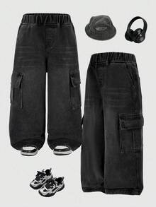 Tween Boy Casual Multi-Function Fashion Cargo Loose Wide Leg Denim Jeans - Black - View 2