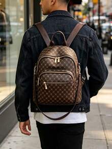 Men's Vintage Geometric Print Backpack Large Capacity Travel Daypack Anti-Theft Lock Design Casual Business Shoulder Bag With Side Pockets - Coffee - View 6