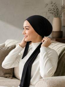 2pcs Women Headscarf Hairband Hat Set, Multi-Functional Basic Cap, Middle Eastern Festival Style, Elastic Hat For Abaya Matching, Organza Headscarf Hat Combo, Casual Style - Black - View 5