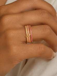 Intertwined Three‑Band Stackable Ring, Colorful Zirconia 18K Gold‑Plated Interlocking Stacking Rings, Elegant Jewelry For Women For Party And Daily Wear - Multicolor - View 3