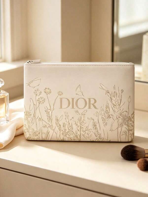 Portable Cream‑Colored Travel Makeup Pouch Golden Wildflower And Butterfly Pattern Toiletry Storage Cosmetic Case For Personal Use Or As A Gift - DIOR Cosmetic Bag