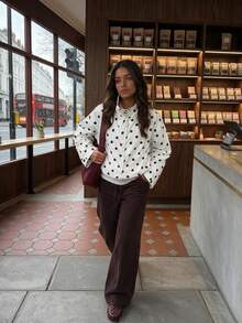 Jaket Wanita Motif Polkadot Merah Muda dan Hitam dengan Kerah Tegak, Atasan Serbaguna dengan Tali Serut Longgar, Cocok untuk Musim Semi dan Gugur - Putih - View 5