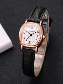 Minimalist Vintage Style Women's Wristwatch, Rose Gold Small Square Case With Brown Leather Strap, Clear Number Dial, Versatile Quartz Watch For Daily Wear, Gift For Girlfriend (1pc/Set), Watch Box Not Included - Black - View 6