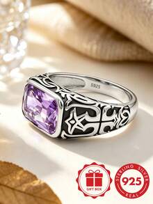 S925 Sterling Silver Vintage Carved Square Purple Zirconia Wide Band Ring Men's Luxury Distressed Finger Ring Gift Box Set - Silver - View 4