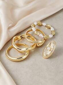 1PC Chunky Gold Stacking Bracelets & Large Oval Faux Pearl Statement Ring, Modern Irregular Curved Open Cuff Bangle Jewelry - Yellow Gold - View 9