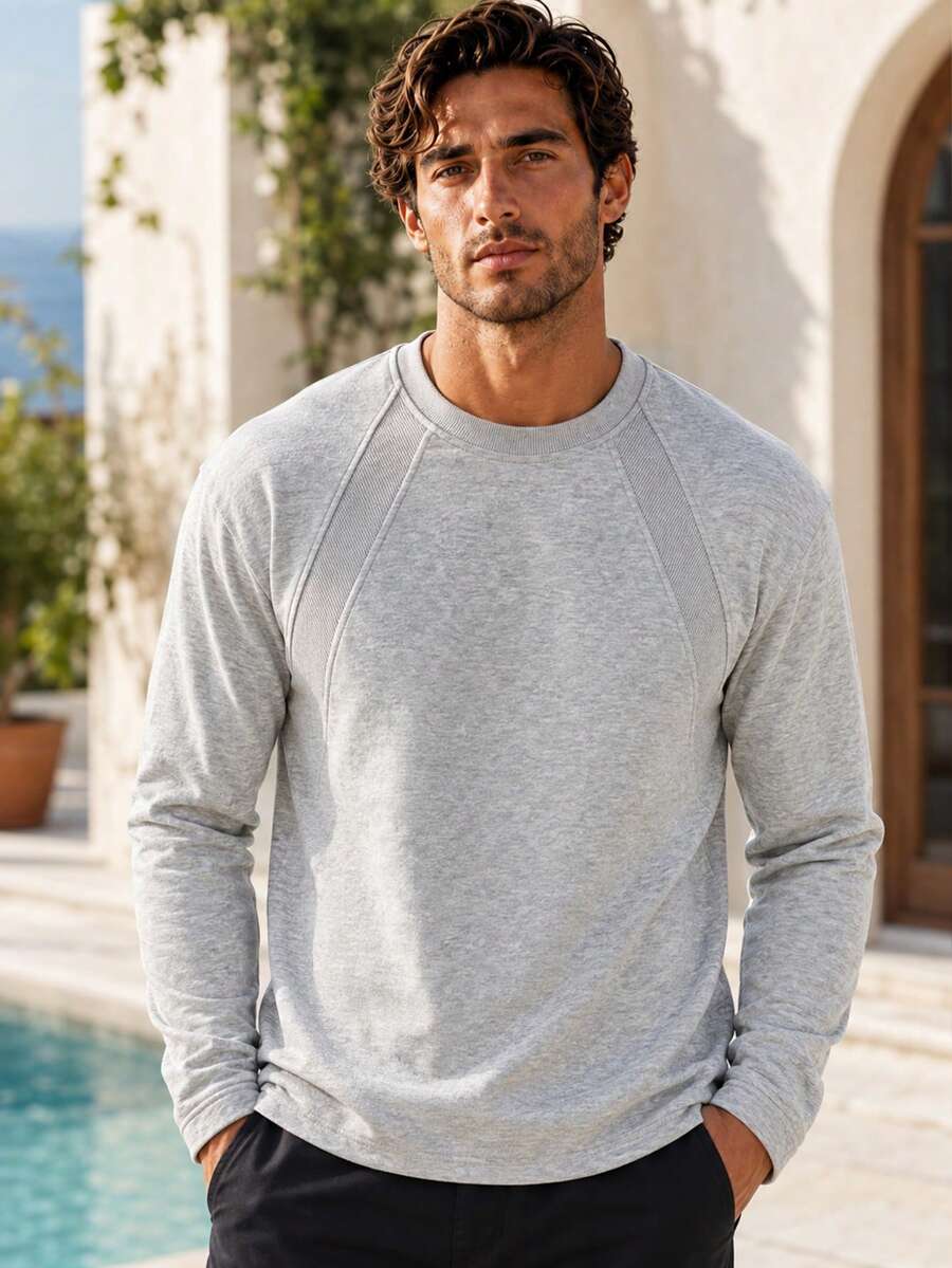 1pc Light Gray Men's Sweatshirt, Basic Crew Neck Pullover, Fine Knit Fabric, Draped Loose Fit, Minimalist Texture, Lazy Vacation Style, Machine Washable And Dry Cleanable, Early Autumn Short Trip Holiday Outfit - Light Grey - View 1