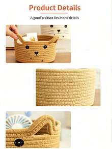 6pcs/1pc Multicolor Cat Face Pattern Storage Basket, Rope Woven Round Basket With Cat Ear Decor, Large Capacity Sundries Organizer Bin For Bedroom, Living Room, Bathroom, Home Daily Use All‑Season - Multicolor - View 8