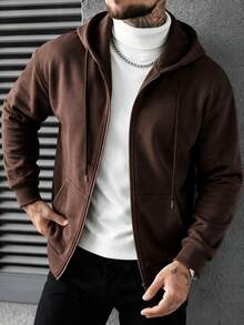 Solid Color Full Zip Hooded Sweatshirt Men's Loose Casual Long Sleeve Jacket - Coffee Brown - View 1