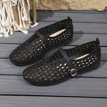 Women's Hollow Crochet Fish Scale Pattern Round Toe Buckle Strap Mary Jane Flat Shoes, Black Low-Top Loafers, Suitable For Home And Summer - Black - View 8