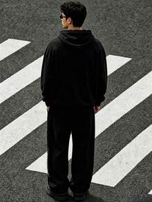 Zrgoth Subculture Dark Streetwear Men's 2 Pieces Set, Shiny Faux Rhinestone Spider Web All-Over Print Hoodie + Loose Wide Leg Sweatpants Gothic Outfit - Black - View 3