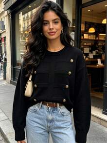 Women's Autumn/Winter Fashion Minimalist Metal Button Design Pullover Sweater, Casual Loose Versatile Slouchy Knit Top - Black - View 1