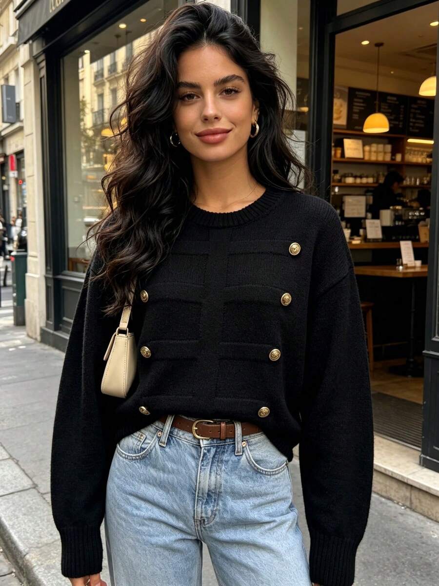 Women's Autumn/Winter Fashion Minimalist Metal Button Design Pullover Sweater, Casual Loose Versatile Slouchy Knit Top - Black - View 1
