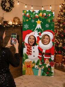 1 Buah Latar Belakang Foto Bertema Natal dengan Pola Wajah Berlubang, Perlengkapan Foto Pesta Santa Claus dan Manusia Salju, Dekorasi Liburan. - MultiWarna - View 2