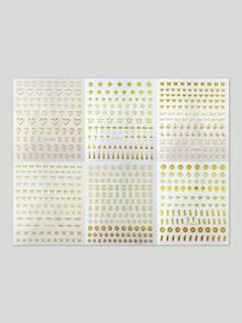 6pcs Gold Luxury Metal Minimalist Nail Art Stickers, Multiple Heart Star Bowknot Shell Cross Flower Self-Adhesive Nail Decals, Minimalist Metallic Texture DIY Nail Decoration - Multicolor - View 10