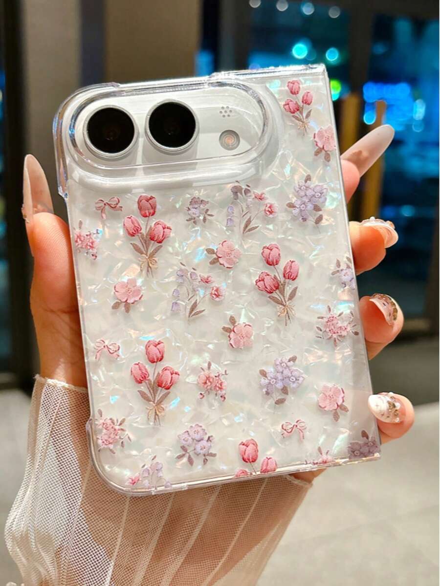 1pc Fashion Cute Simple Shell Pattern PC Material Tulip Fragrant Element Folding Phone Case, Can Protect And Prevent Falling For:SamsungGalaxy Z Fold 5/SamsungGalaxy Z Fold 6/SamsungGalaxy Z Fold 7/SamsungGalaxy Z Fold 8 Ultra/SamsungGalaxy Z Fold 8/IPhoneDuo - White - View 1