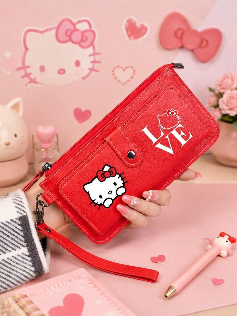 SANRIO 1PC Hello Kitty Print Long Wallet, Large Capacity Clutch Purse With Wrist Strap, Card Slots, Coin Pocket & Zipper Closure For Daily Travel - Multicolor - View 1
