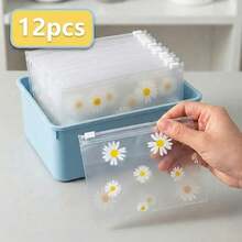 12pcs Daisy Pattern Frosted Plastic Zipper Bags + 1 Random Postcard, Reusable Transparent Storage Bags, Suitable For Cosmetics, Jewelry, Hair Accessories, Office Supplies, Crafts, Stationery Organization - Sets - View 10