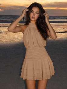 Elegant Halter Neck Backless Mini Dress With Tiered Ruffle Hem Wedding - Khaki - View 5