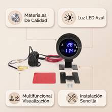 Digital Temperature Gauge And Car Voltmeter With Sensor, Round LED Voltmeter With Blue Light, Easy Installation And High Precision For Car, Motorcycle, ATV - Black - View 4