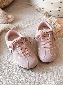 Girls' Floral Embroidered Lace-Up Soft Sole Lightweight Casual Sneakers, Versatile Spring/Autumn Training Shoes For Little Girls - Pink - View 2