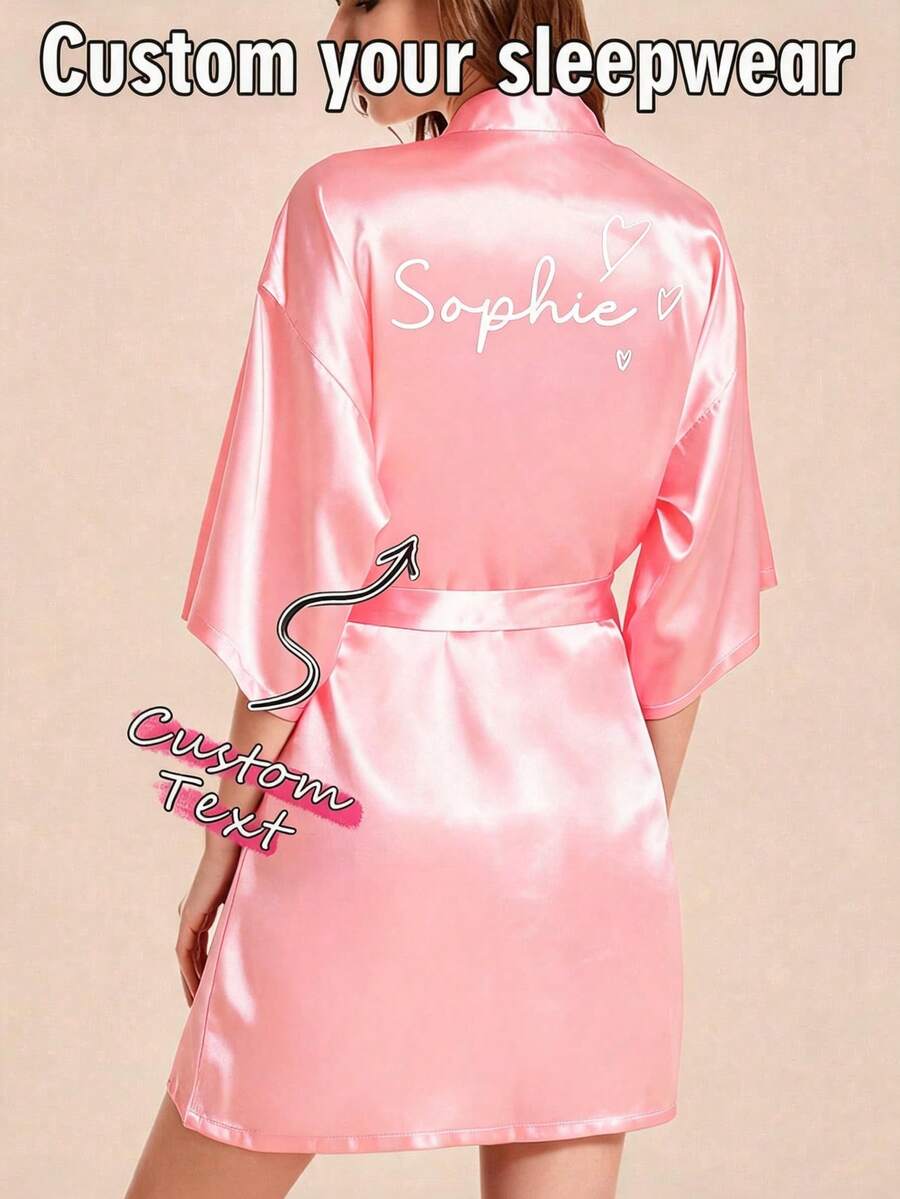 1Pc Custom Text Name Robe Personalised Black Heart Print Women Night Wear Sleepwear Kimono Bathrobe Gift For Girlfriend - Pink - View 1