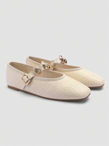 ADAMUMU New Embossed Mary Jane Flats, Geometric Metal Buckle Adjustable Strap, French Style Soft Sole Comfortable Versatile - Chantilly - View 3