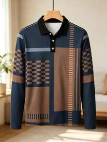 Kemeja Polo Lengan Panjang Pria dengan Motif Patchwork Blok Warna Geometris - MultiWarna - View 4