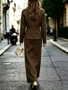 Women's Autumn/Winter Textured Wool Blend Brown Lapel Open Front Casual Minimalist Elegant 2 Pieces Set With Slit Skirt, Warm Lining, Suitable For Parties, Daily Commute, Casual Outings - Brown - View 4