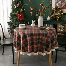 1 buah Taplak Meja Motif Kotak-kotak Merah Kopi dengan Hiasan Renda, Taplak Meja Natal Gaya Nordik Klasik untuk Pesta Malam Natal, Meja Makan, Meja Kopi, dan Dekorasi Meja Kerja - Cokelat + Renda - View 4