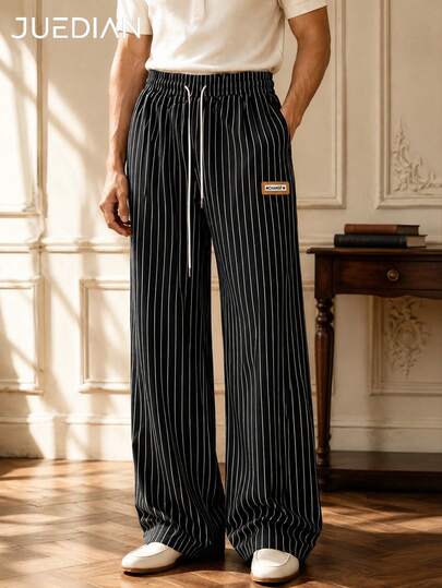 1pc Black Striped Men's Long Pants, Drawstring Elastic Waist Casual Trousers, Double Side Pockets, Straight Leg Drape, Slimming Lazy Versatile Home & Commute Striped Pants, Machine Washable, Comfortable Skin-Friendly, Old Money Style, Gentleman Elegant Men's Pants