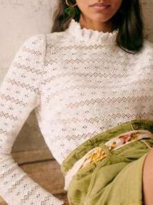 SUNSTORY Autumn White Frill Trim Semi-High Neck Hollow Lace Long Sleeve Top, Floral Jacquard Sheer Base Layer, Elegant Basic Style, Suitable For Commuting, Outings, Church, Daily Wear - White - View 10