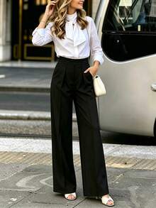 Solid Color Belt Pocket Zipper Office Women's Long Pants - Black - View 5