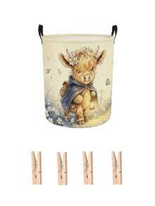 Cute Highland Cow Floral Print Laundry Hamper, Collapsible Large‑Capacity Storage Basket With Handles, Clothing Storage, Unisex, Daily Home & Dorm Essential - Multicolor - View 12