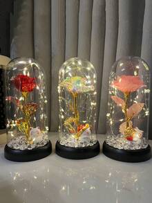 LED Glowing Rose Flower Lamp With Plastic Cover, Decorative Artificial Flower, Maneki-Neko (Lucky Cat) Home Decor, Desktop Ornament, Mother's Day/Graduation Gift, Birthday/Housewarming/Anniversary Present (Random Cat) - Multicolor - View 1